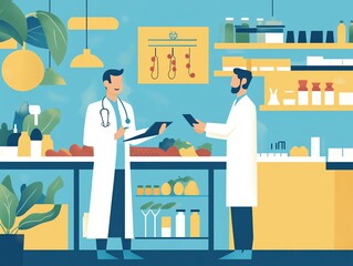 Mentorled healthcare investment growth, sustainable food industry transformation, flat design illustration
