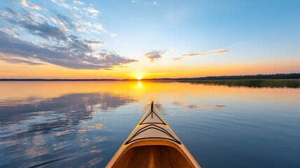 Kayaking at Sunset on a Peaceful Lake with Vibrant Sky and Reflections Creating a Serene Outdoor Adventure and Tranquil Landscape Scene