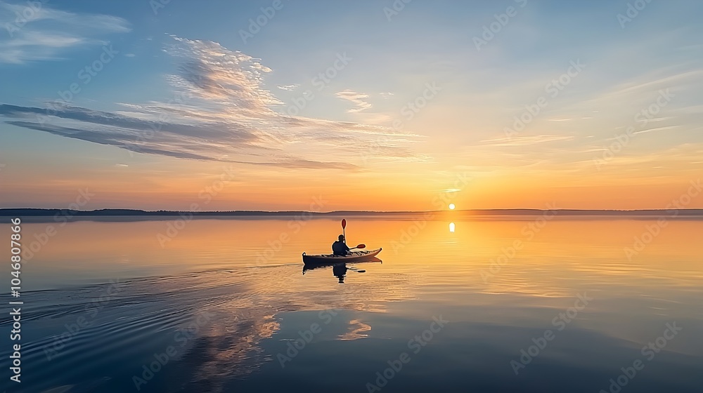 Poster Serene Solo Kayaker Paddling Through Calm Lake Waters at Vibrant Sunset with Reflective Sky Mirrored on the Smooth Surface