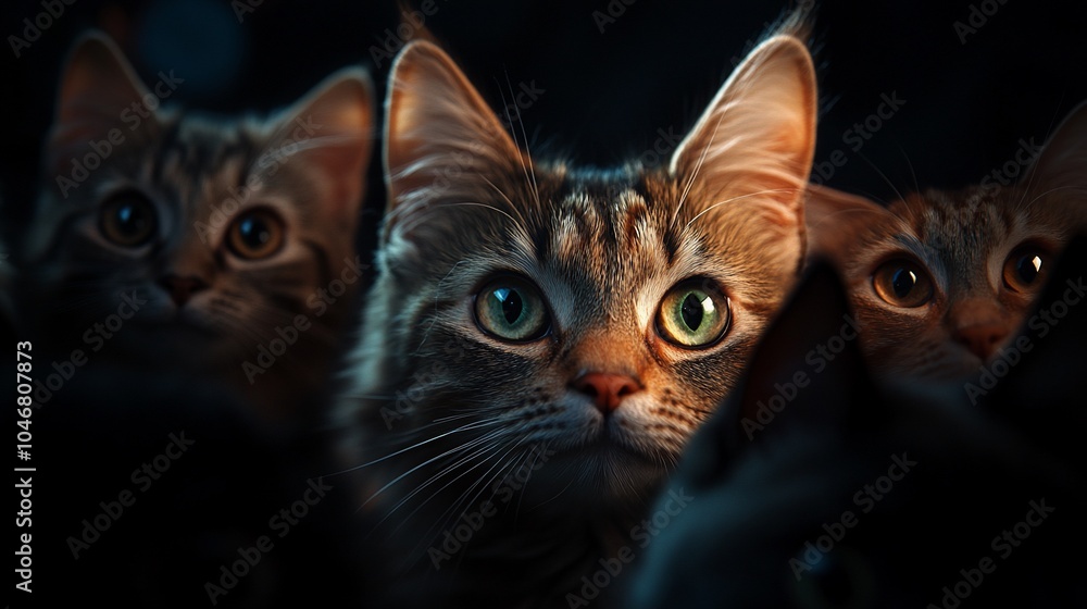 Aufkleber close-up of four cats looking up with one in the center highlighted by a light.