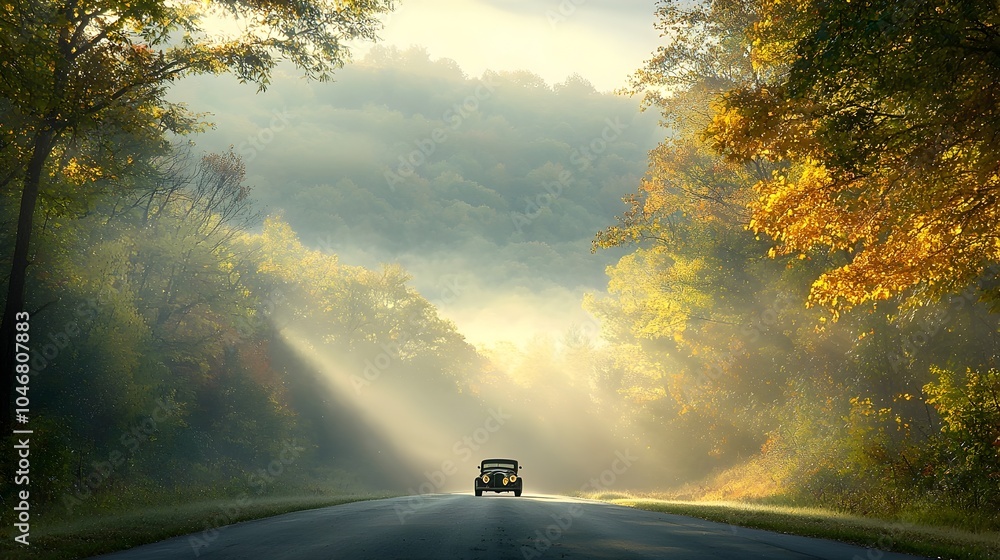 Poster Misty and peaceful sunrise on a quiet country road with a vintage car parked the soft glow of the sun piercing through the hazy fog creating a nostalgic and serene atmosphere
