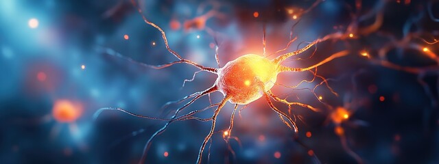 3D rendering of glowing brain neurons.
