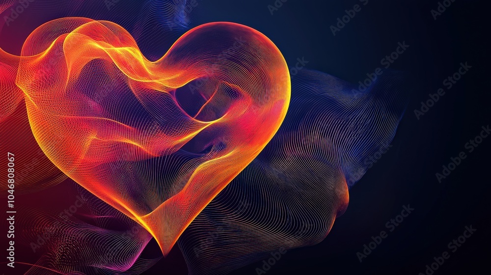 Poster a close-up view of an abstract heart shape made from flowing lines, creating subtle shadows on a bea