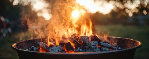 Hot charcoal glowing in barbecue pit, flames rising close up, focus on, copy space, intense fiery hues, Double exposure silhouette with smoky heat