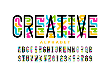 Creative. Modern style artistic font design, vibrant alphabet letters and numbers vector illustration