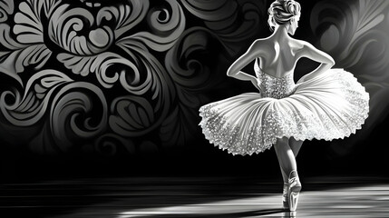A monochromatic ballet dancer in a flowing tutu against an ornate background. Black and white background images -