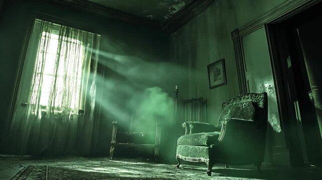 Sunbeams shine through a window in a dusty, abandoned living room