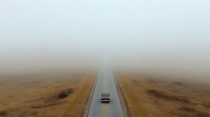 Fototapeta premium Vintage Car Resting on Deserted Road Surrounded by Morning Fog at Sunrise Soft Light Casting a Golden Glow Creating a Peaceful and Nostalgic Scene
