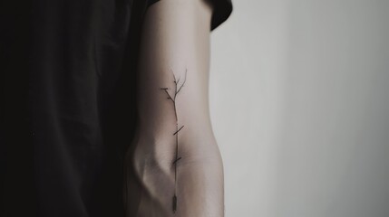 A black and white image of a person's arm with a tattoo of a tree with no leaves.
