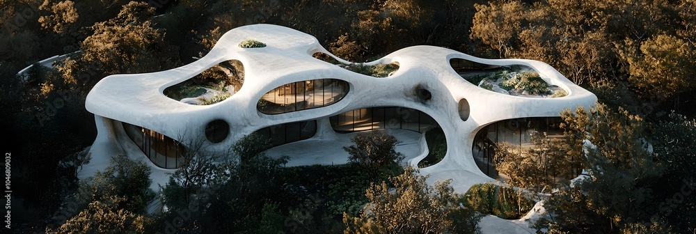 Poster a stunning futuristic building with flowing curved design and eco friendly features seamlessly integ