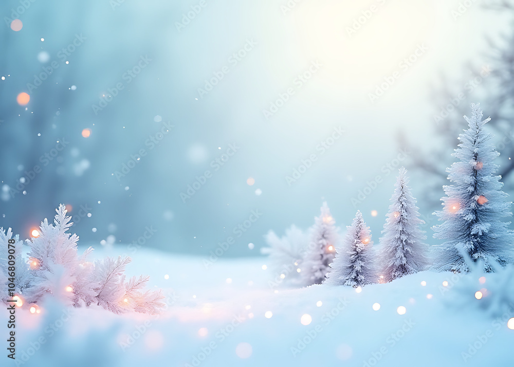 Poster Pastel colors and snowflakes create a serene winter landscape in this abstract Christmas scene with a soft blue hued background.