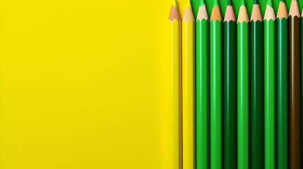 Colorful pencils arranged on a bright yellow background