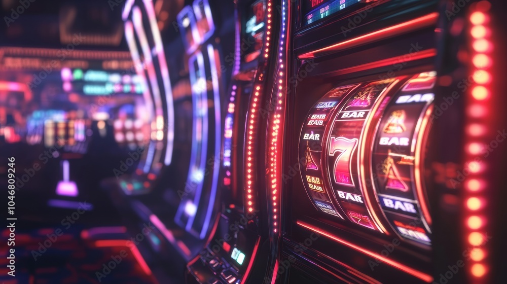 Aufkleber Brightly illuminated slot machines display spinning reels and flashing lights, creating an exciting atmosphere in a bustling gaming hall. Generative AI