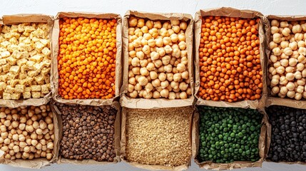 A colorful spread of different plant-based proteins, including chickpeas, lentils, and tempeh, artfully arranged on a white background to inspire healthy meal prep.