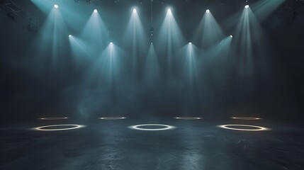 Theatrical stage with spotlights and empty illuminated circles on the floor. Dark background.