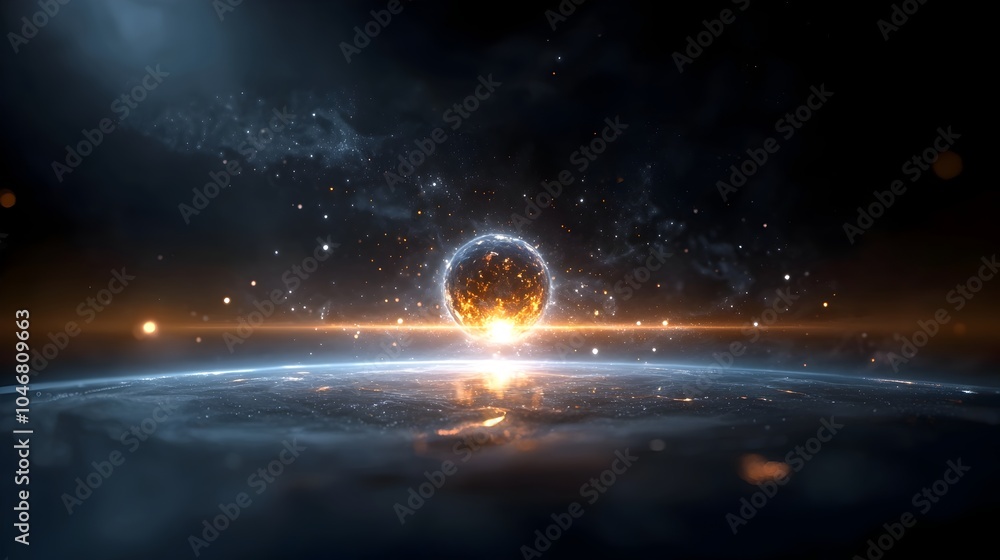 Poster radiant cosmic orb surrounded by swirling energy patterns glowing brightly in a vibrant and colorful