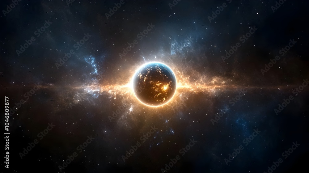Poster radiant cosmic orb pulsating with intense energy swirls and vibrant light patterns within a vast col