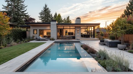 Fototapeta premium A contemporary backyard with a streamlined pool, modern planters, and easy-care plants, blending indoor-outdoor living effortlessly.