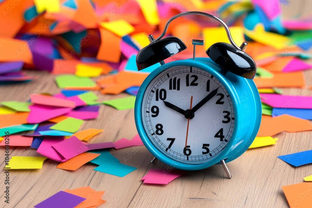 Poster blue alarm clock with the hands on the numbers 10 and 10. clock is on a table with colorful paper sc