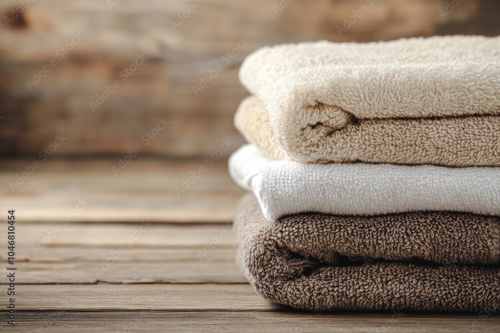 Aufkleber soft towels in cream, white, and brown are stacked elegantly on a weathered wooden surface, adding w