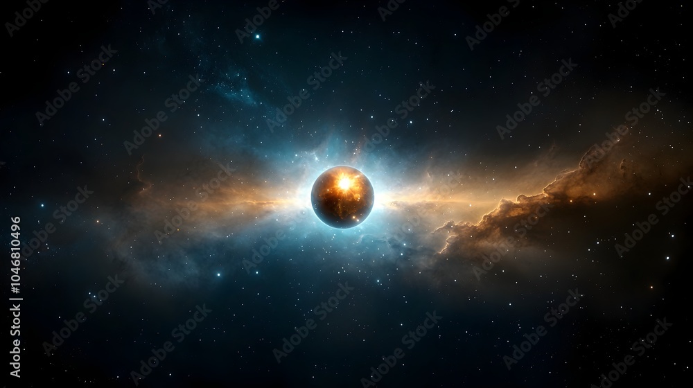 Leinwandbilder Mesmerizing close up view of a radiant cosmic sphere with dynamic energy patterns swirling around it set within a colorful nebula that glows with intense light and deep space mystery