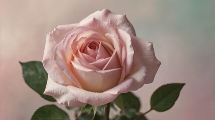 A close-up of a delicate pink rose in full bloom, with soft, velvety petals unfolding gracefully.