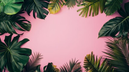 Photo of, Pink background with tropical leaves and plants for design, banner template