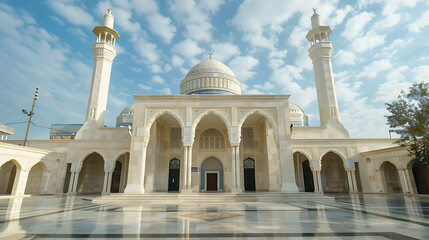 Fototapeta premium The image shows a beautiful white mosque with blue accents. The sky is blue and there are some clouds in the background.