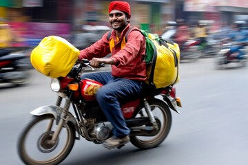 Fototapeta premium Man is riding a motorcycle with a yellow helmet and a yellow jacket. He is carrying a lot of luggage on the back of the motorcycle. Indian delivery boy riding motorcycle