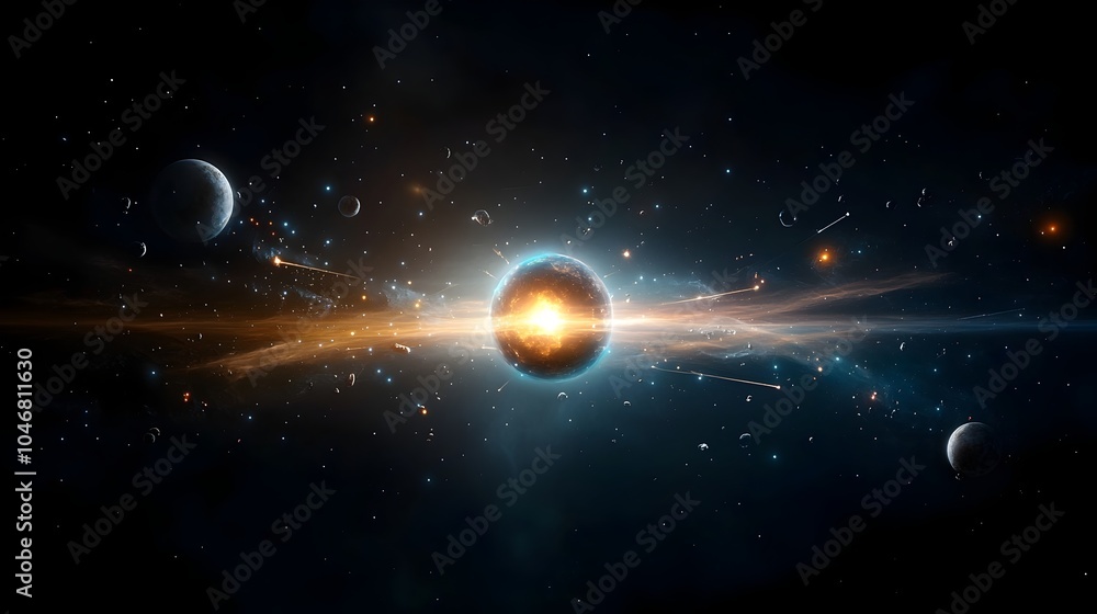 Aufkleber Striking cosmic scene featuring a luminous glowing orb surrounded by intense swirling energy patterns within a vibrant colorful nebula creating an ethereal and dramatic space visualization