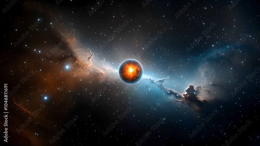 Aufkleber Captivating close up view of a luminous cosmic orb with intense swirling energy patterns surrounding it glowing vibrantly within a colorful nebula creating a striking and mesmerizing space scene