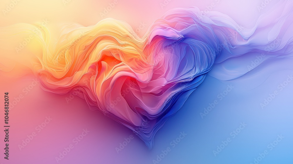 Poster a dreamy abstract heart formed with soft, flowing lines, casting delicate shadows on a gradient back