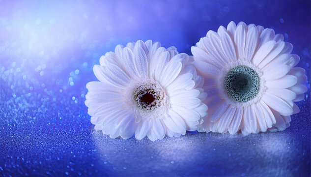 Białe kwiaty gerbery. Niebieskie tło brokatowe
