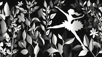 A silhouette of a dancer surrounded by intricate floral patterns in black and white. Black and white background images -