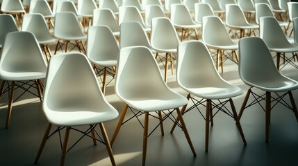 Arrangement of modern white chairs with wooden legs in a well-lit space, casting shadows on the floor in an orderly fashion.