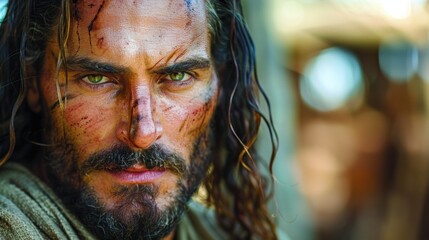 Obraz premium A rugged warrior gazes intensely, revealing resilience and determination amidst a harsh, sunlit environment. Generative AI