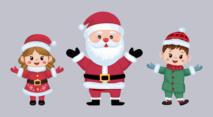 Santa Claus icon and kids in festive costume, Christmas characters on isolated background, festive icons, stickers Christmas cute figures. Vector illustration