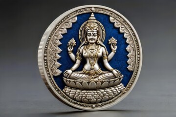 This silver coin showcases the figure of Lakshmi, symbolizing wealth and fortune in Indian culture