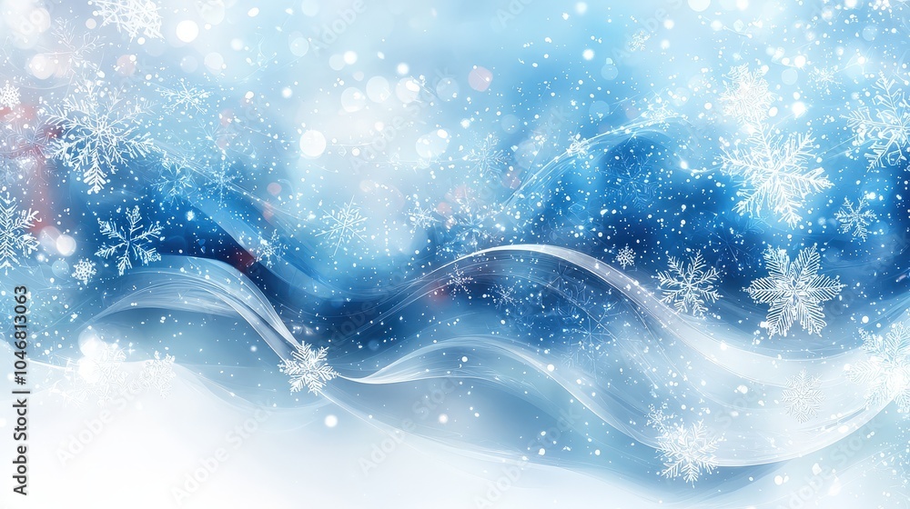Poster a fluid abstract winter background with soft, flowing lines and delicate snowflake patterns in shade