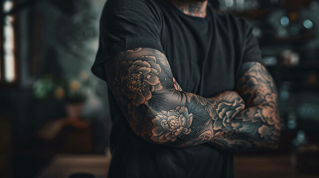 A man with tattoos on his arms is standing with his arms crossed.