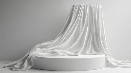 Podium covered with a piece of white silk drapery fabric, podium for product cosmetic presentation creative mock up