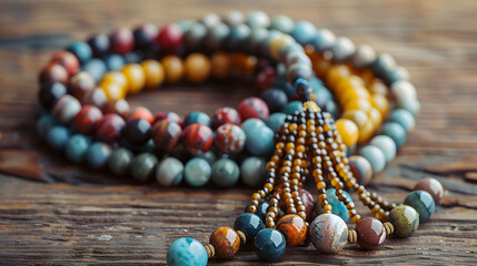 This image is of a beautiful handmade mala necklace made of colorful gemstones. It is perfect for yoga, meditation, or simply as a stylish accessory.