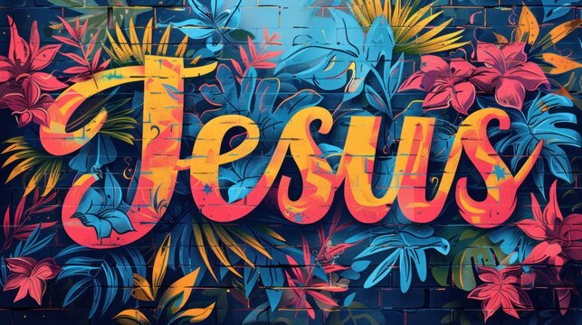 Vibrant mural featuring the name Jesus surrounded by colorful tropical plants in an urban setting. Generative AI