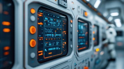 Fototapeta premium Control Panel Inside Space Station with Earth View