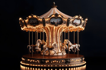 A festively decorated Christmas carousel with horses isolated on black background