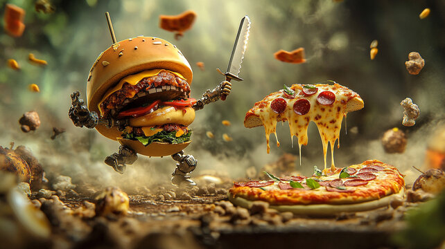 A quirky animated burger with a sword faces off against a cheesy pizza in a forest