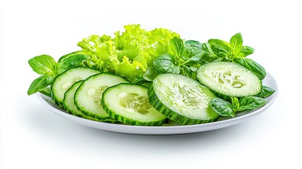 A high-quality shot of a fresh green salad with cucumbers, avocados, and mixed greens, arranged elegantly on a clean white plate with a white background.