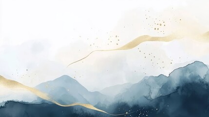 Elegant abstract vertical navy blue and gold mountains hand-painted in watercolor, perfect for winter mountain landscapes, Christmas greeting cards, and wedding invitations with ample copy space