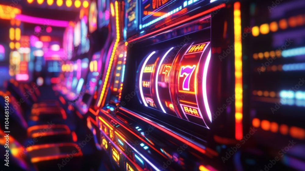 Poster a row of vibrant slot machines showcases colorful lights and spinning reels, creating an exciting at