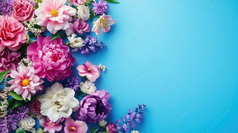 Poster A striking bouquet of colorful flowers, featuring pink, purple, and white blossoms, is set against a vibrant blue background.